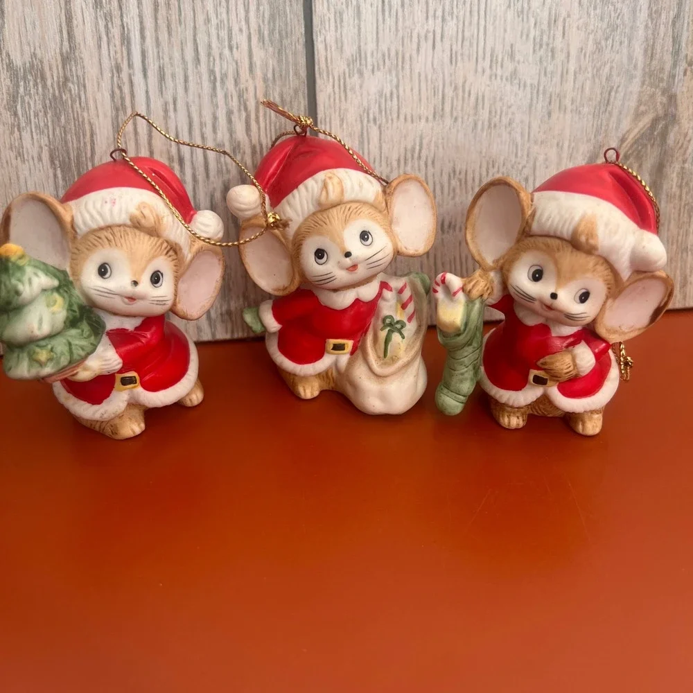 Homco Vintage Christmas Mouse Ornaments Set of 3 Ceramic Santa Mice 5252 Red